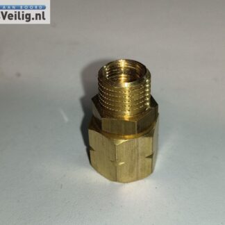 Messing verloop 1/4 links binnendraad naar 1/4 rechts buitendraad