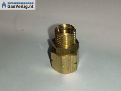 Messing verloop 1/4 links binnendraad naar 1/4 rechts buitendraad